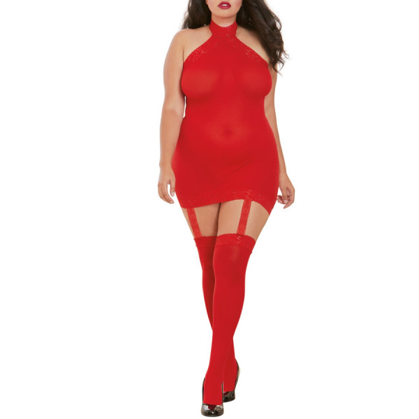 Bodystocking rouge grande taille effet guêpière avec dentelle 